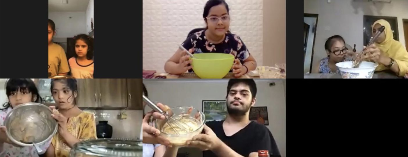 A grid of video-call frames showing students baking at home